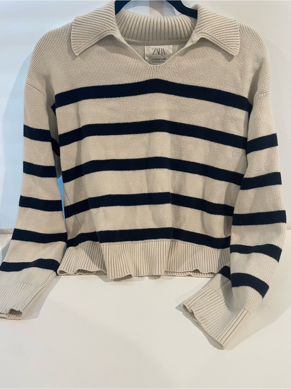 Zara Cream and Black Striped V‑Neck Collared Sweater